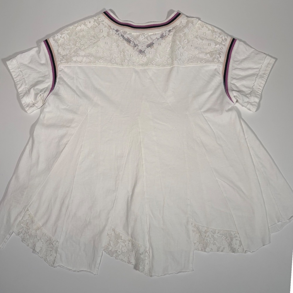 Free People White Lace Trim V-Neck Short Sleeve Babydoll Top Boho Coquette Small - Picture 3 of 11
